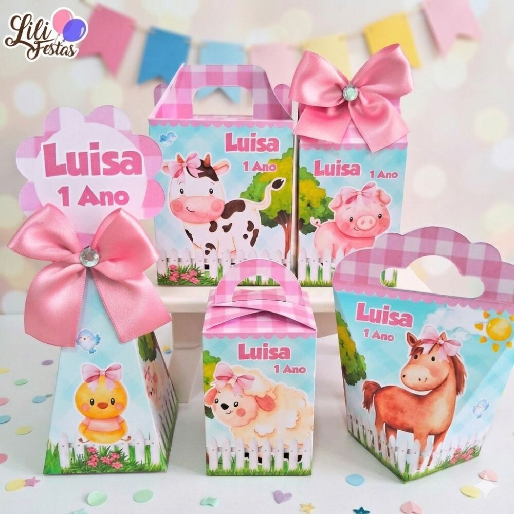 Kit 50 Caixinhas Fazendinha Rosa Prontas com Laço | Artesanou