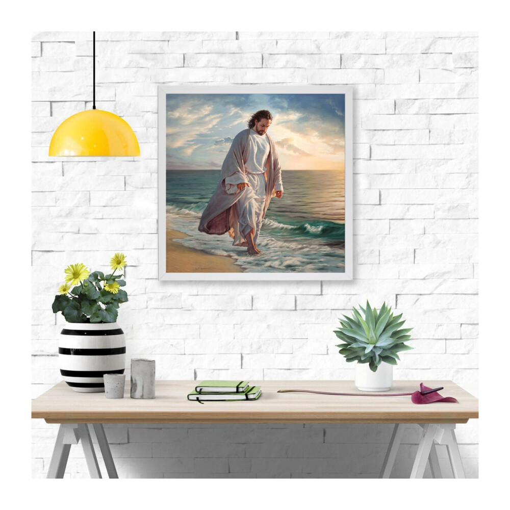 Quadro Jesus Caminhando na Praia, 60x60cm Tela Canvas