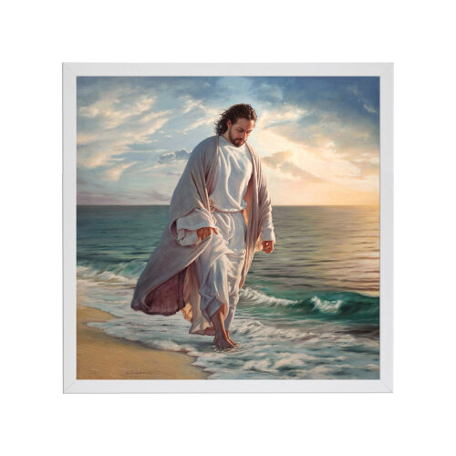 Quadro Jesus Caminhando na Praia, 60x60cm Tela Canvas