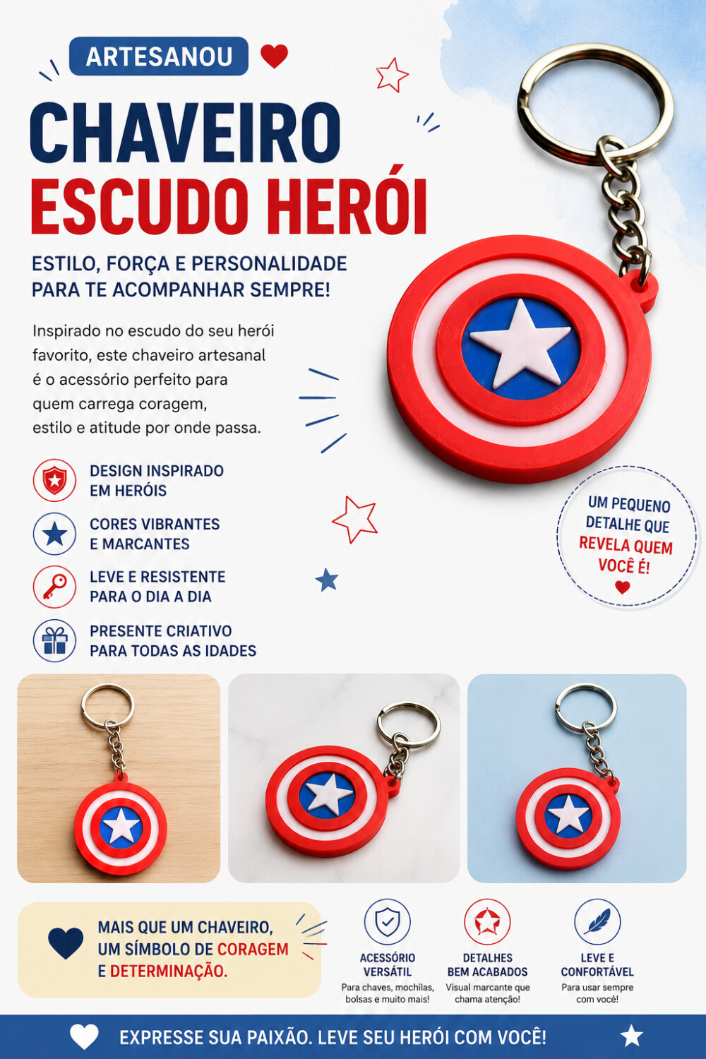 Chaveiro Escudo Herói 3D – Vermelho, Branco e Azul | Acessóri