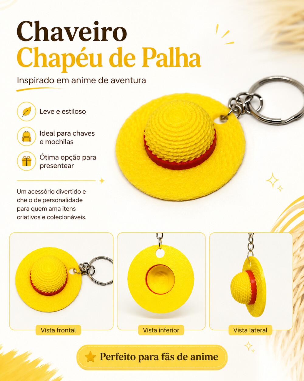 Chaveiro Chapéu de Palha — Inspirado em Anime de Aventura
