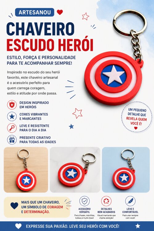 Chaveiro Escudo Herói 3D – Vermelho, Branco e Azul | Acessório Geek Artesanal