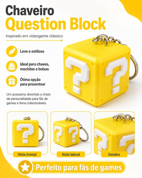 Chaveiro Question Block — Inspirado em Videogame Clássico