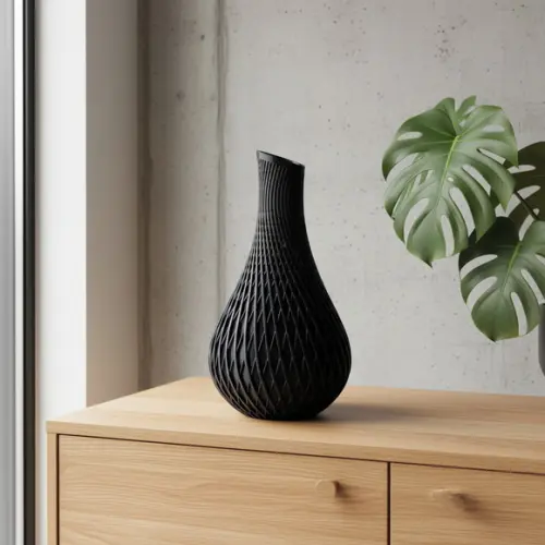 Vaso Decorativo Moderno Preto Fosco com Textura Geométrica