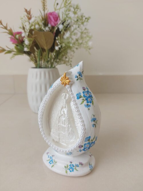 Nossa Senhora Aparecida na gota 14cm flor azul decoupage - Cópia