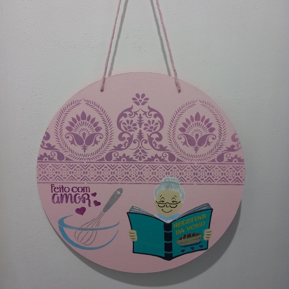 Placa  Decorativa em MDF Pintada  à Mão Vovó com Livro de Rece