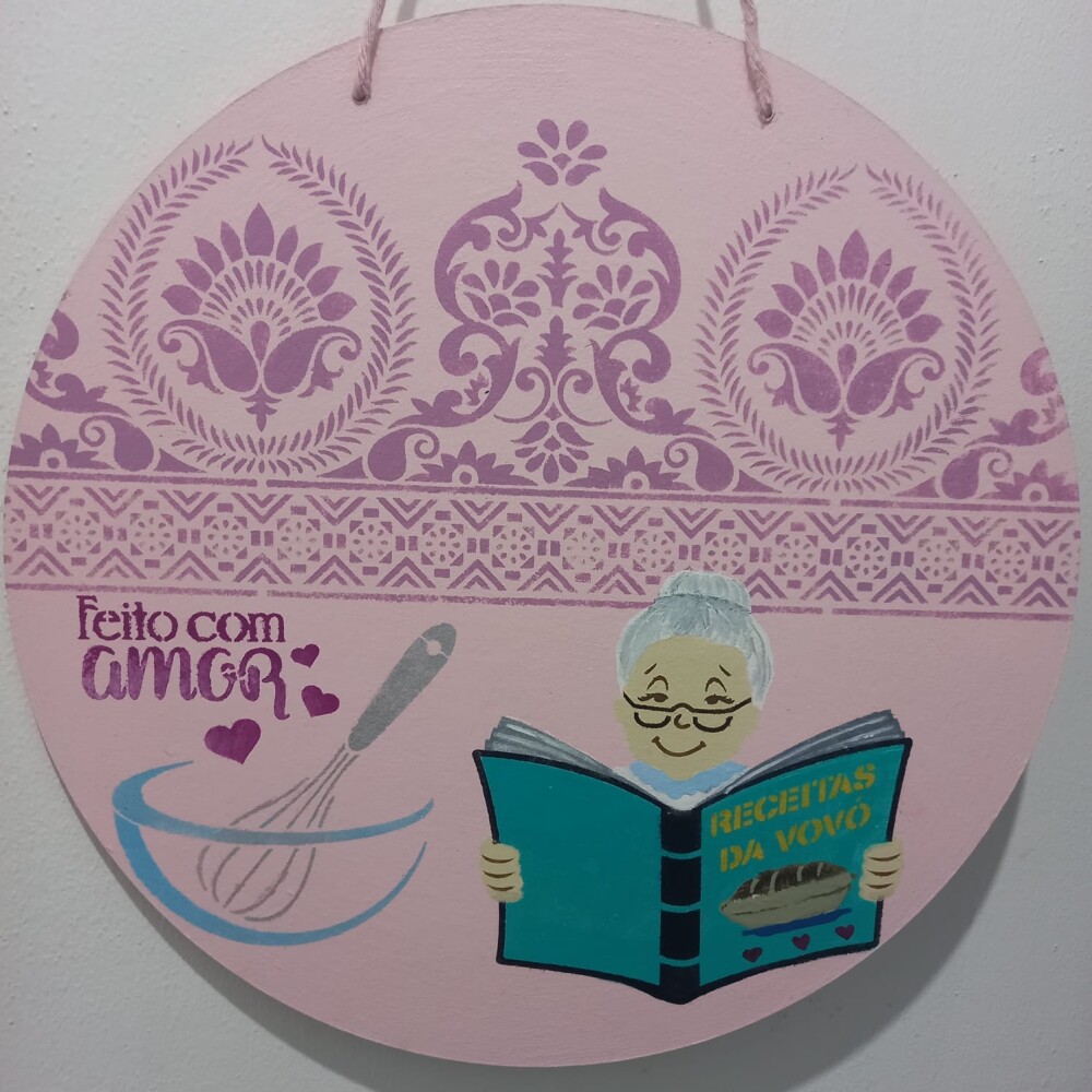 Placa  Decorativa em MDF Pintada  à Mão Vovó com Livro de Rece