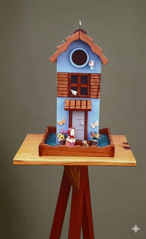 Casinha Comedouro para Pássaros em Madeira Pintada à Mão Decoração de Jardim Artesanal