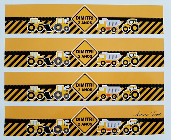 Rótulo para Garrafinhas - Tema Trator/ Obras