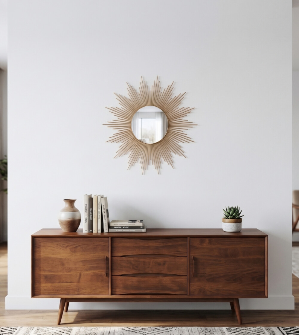 Espelho Sol 80cm Decorativo Madeira de Bambu Boho Chic