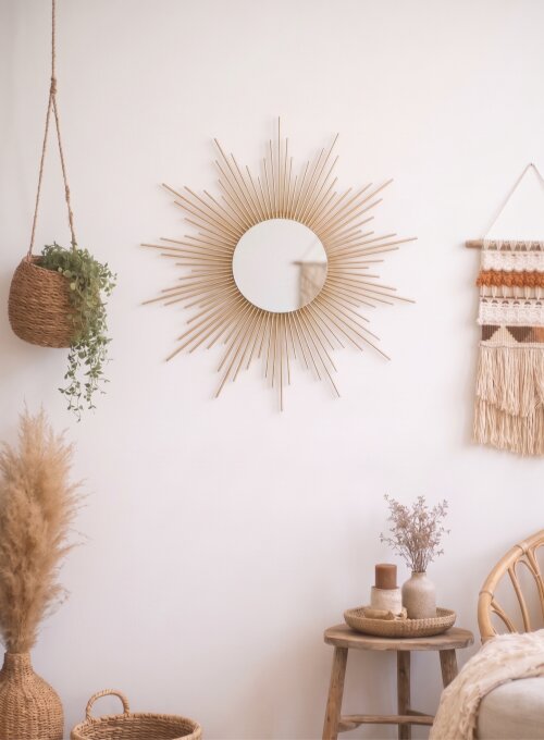 Espelho Redondo Sol Decorativo em Madeira Bambu 70cm