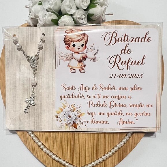 Cartões Personalizados com Mini Terço para Batizado