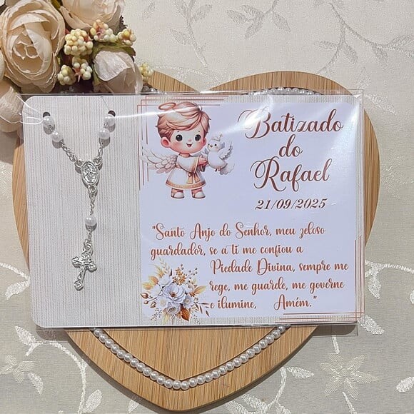 Cartões Personalizados com Mini Terço para Batizado