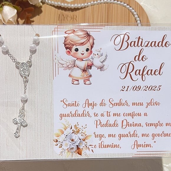 Cartões Personalizados com Mini Terço para Batizado