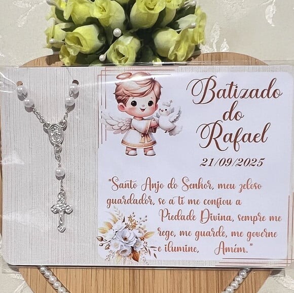 Cartões Personalizados com Mini Terço para Batizado