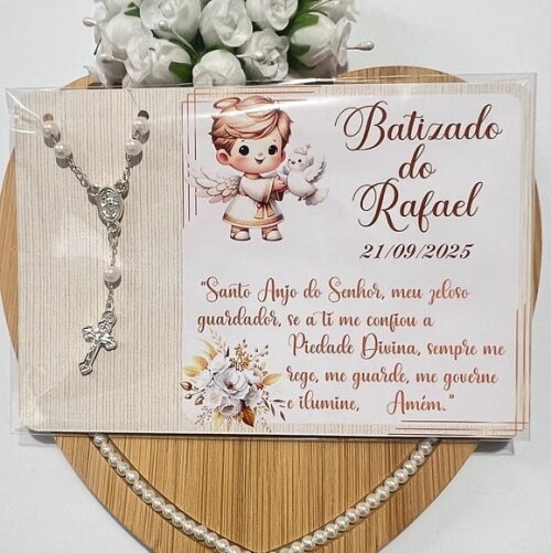 Cartões Personalizados com Mini Terço para Batizado