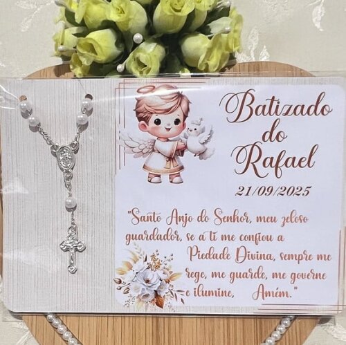Cartões Personalizados com Mini Terço para Batizado