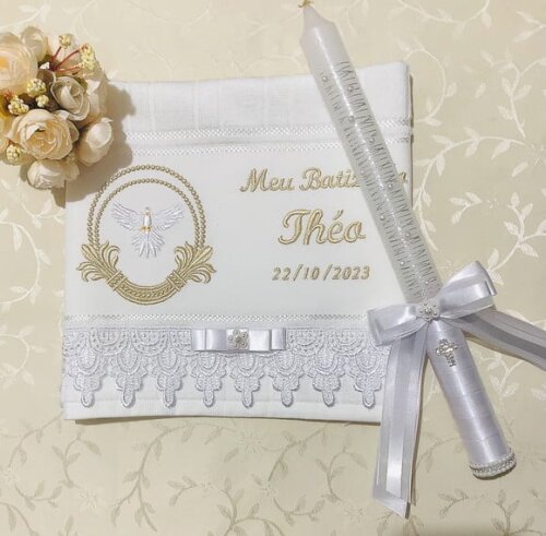 Kit Toalha de Batizado Bordada, Personalizada
