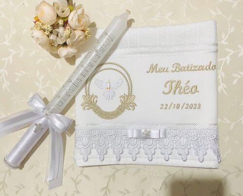 Kit Toalha de Batizado Bordada, Personalizada