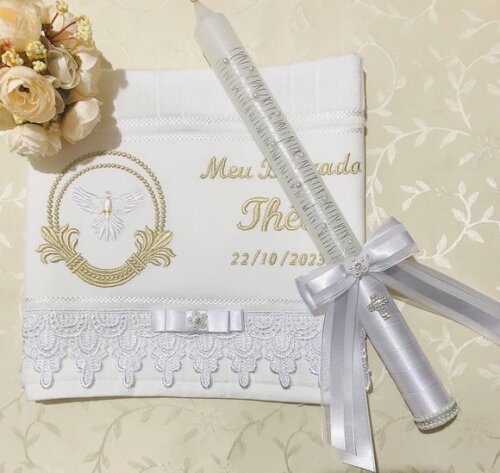 Kit Toalha de Batizado Bordada, Personalizada