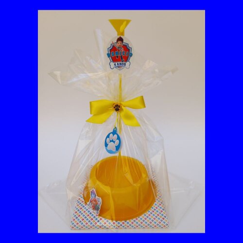 Centro de mesa pote comedouro 200ml com laço e tag personalizado lembrança de aniversário menino canina