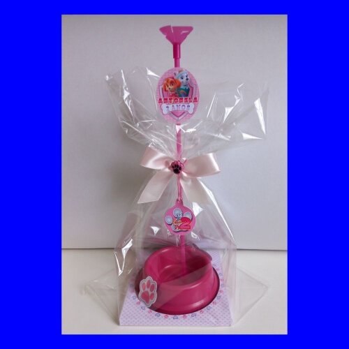 Centro de mesa pote comedouro 200ml com laço e tag personalizado lembrança de aniversário menina canina