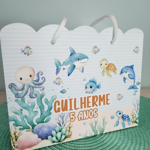 Kit 10 Sacolinhas Personalizadas Fundo do Mar menino | Pegue e Monte | Lembrancinha Festa Infantil | sacola