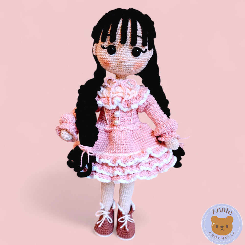 Boneca de Crochê Josephine Amigurumi Rosa com Branco Cabelo Pret