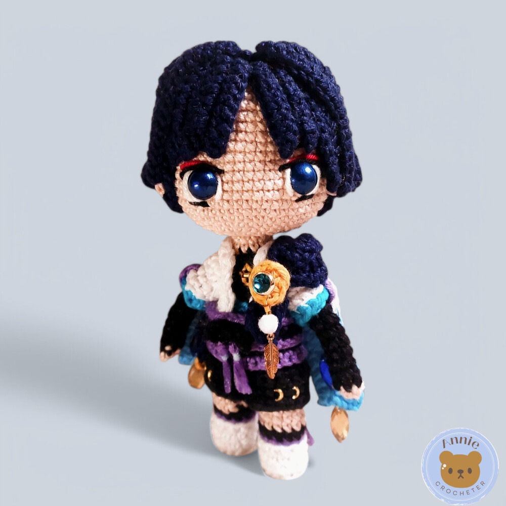 Boneco de Crochê Scaramouche Wanderer em Amigurumi Genshin Impac