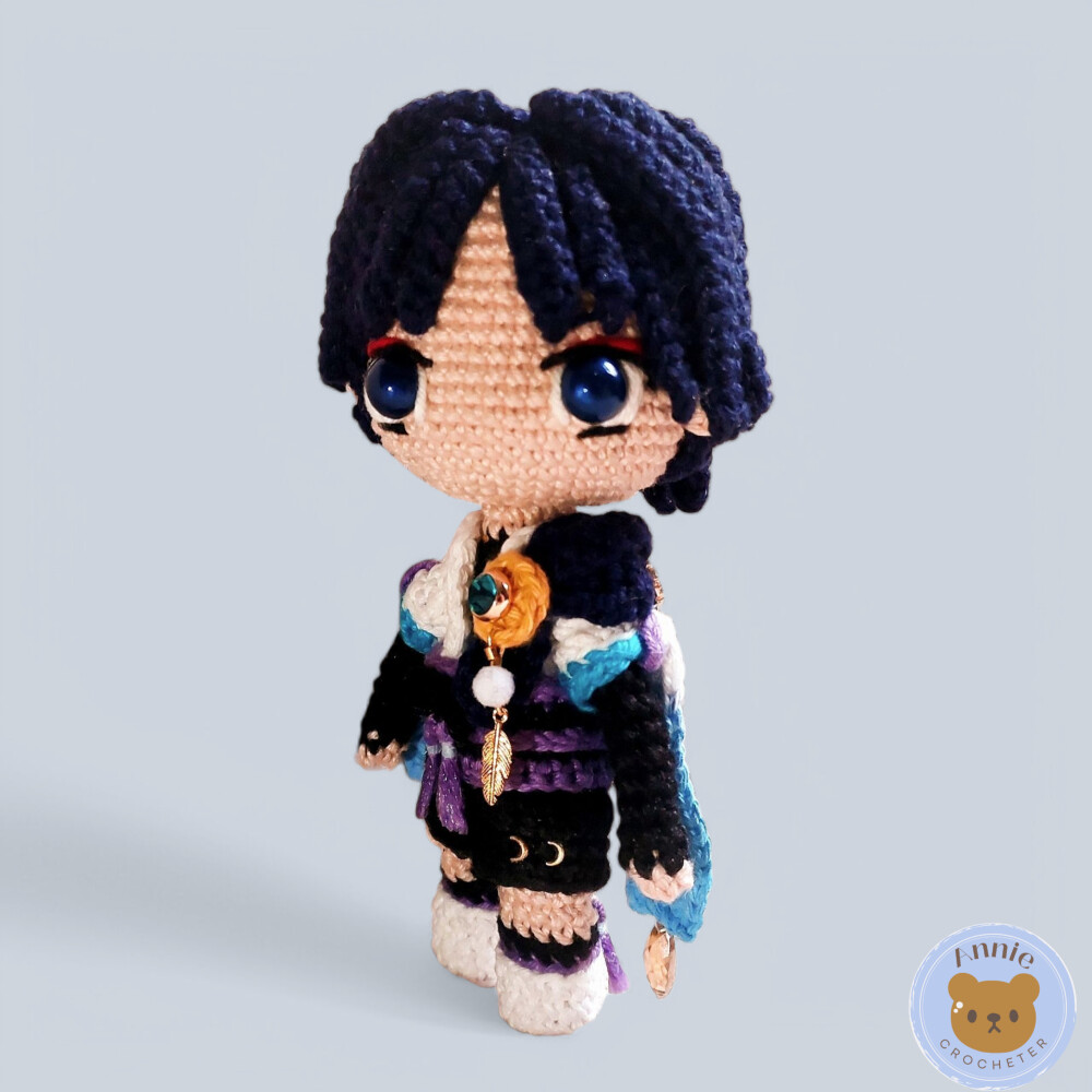 Boneco de Crochê Scaramouche Wanderer em Amigurumi Genshin Impac