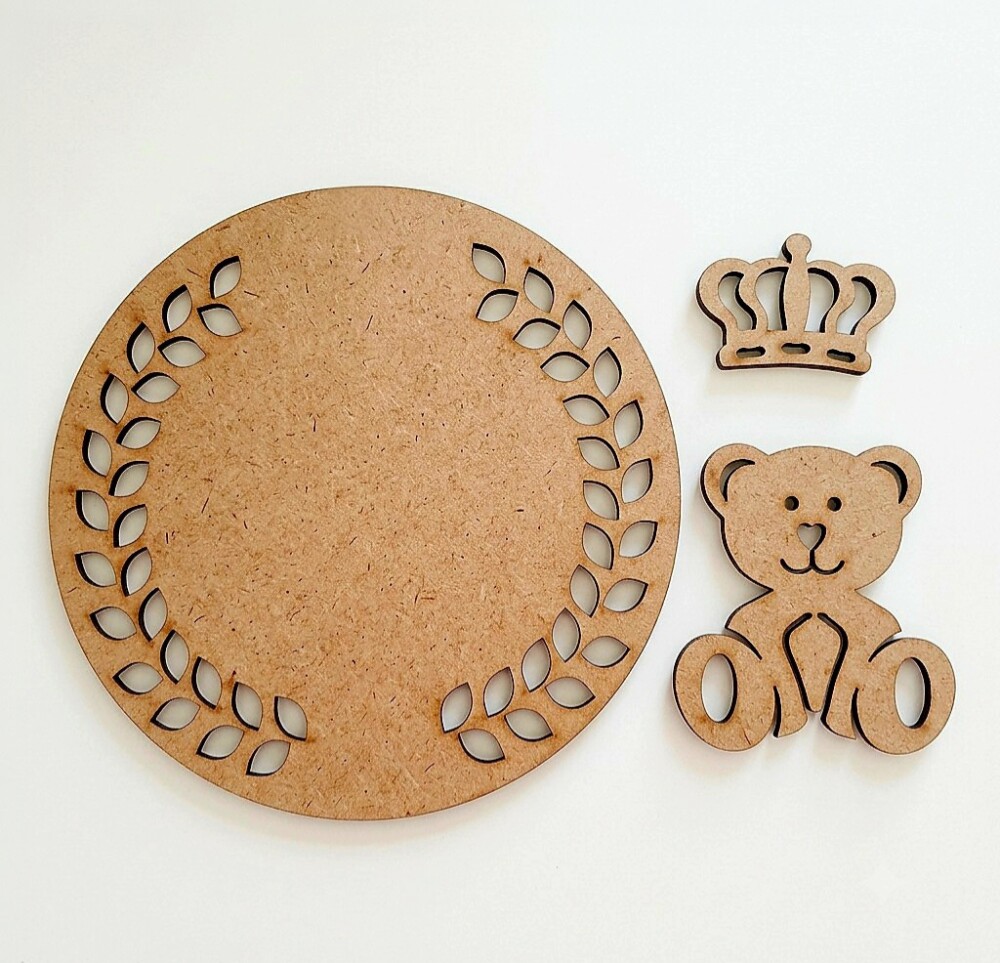 Mini Quadrinho Ursinho e Coroa MDF Cru 3mm | Aplique