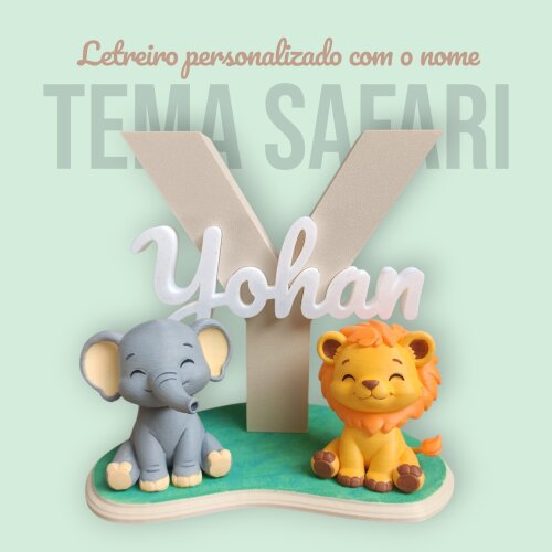 Letreiro personalizado inicial e nome - tema Safari 3D - 16 cm - quarto e festa infantil