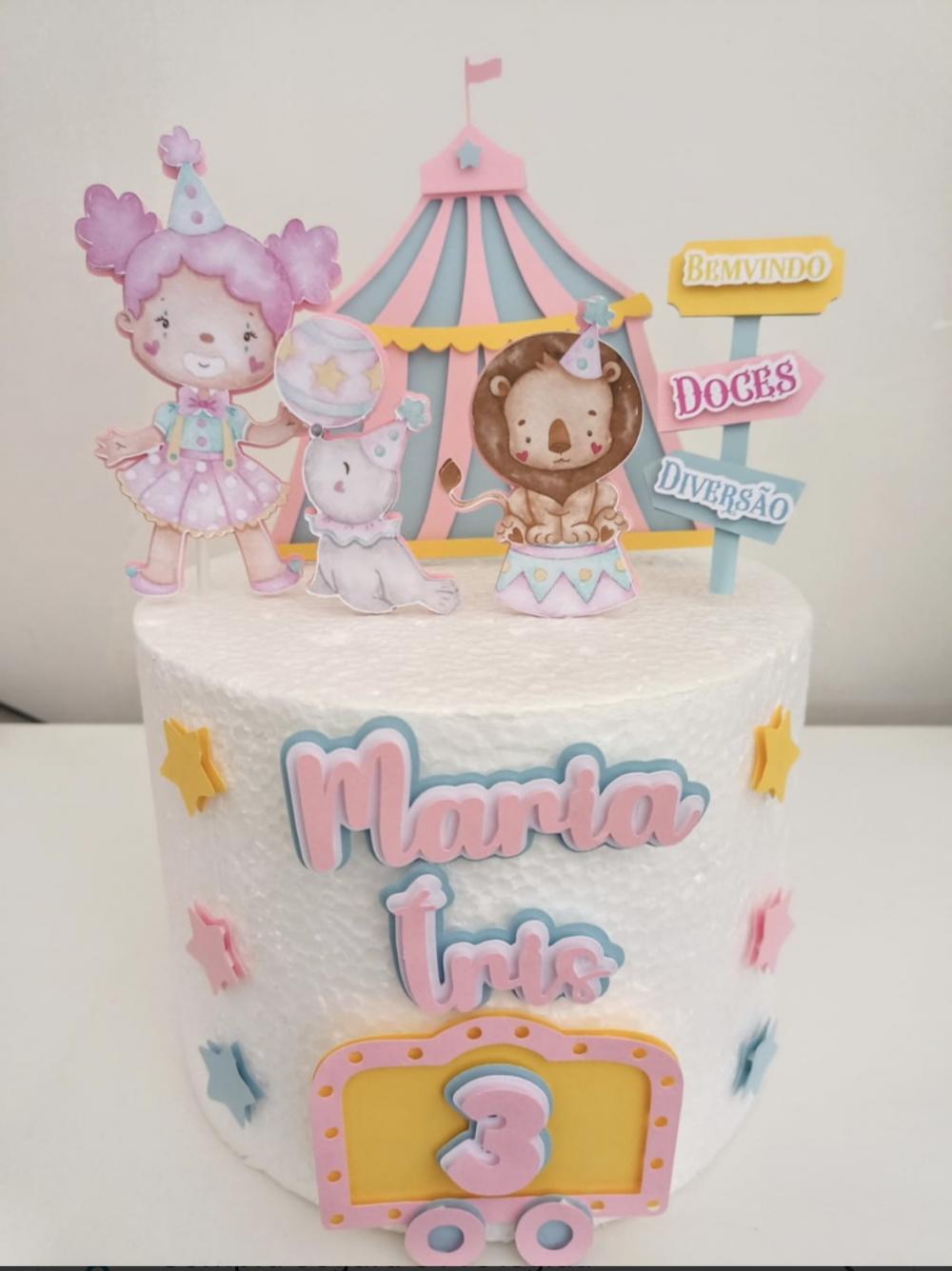 TOPO DE BOLO CIRCO AQUARELA ROSA MARIA ÍRIS - STUDIO