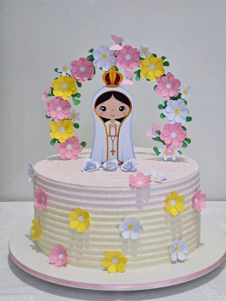 Topo de Bolo Nossa Senhora flores rosa e amarela -  Studio