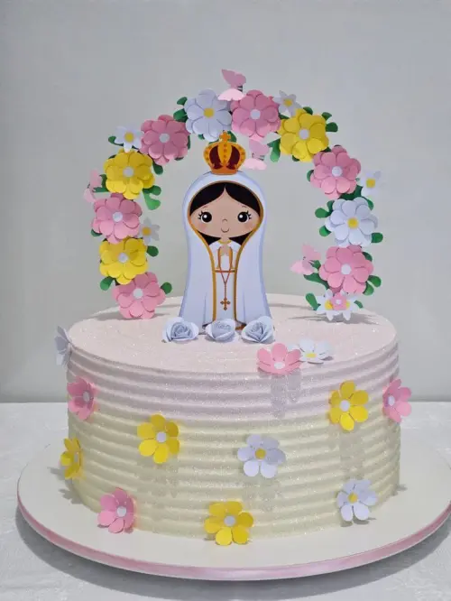 Topo de Bolo Nossa Senhora flores rosa e amarela -  Studio