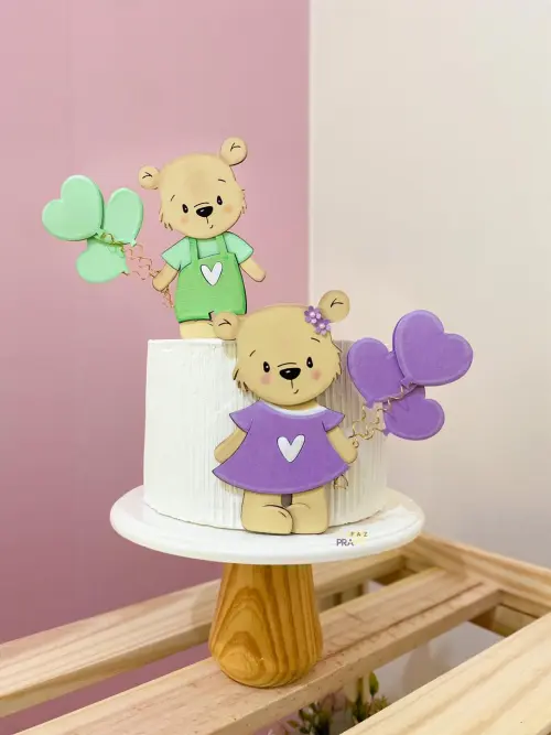 Topo de Bolo Chá Revelação Ursinho Verde e Roxo - Studio