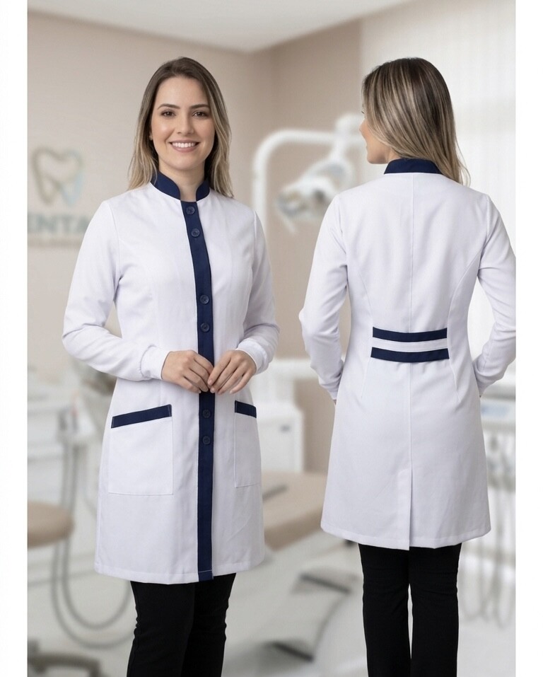 Jaleco feminino manga longa em microfibra de gabardine com detalh