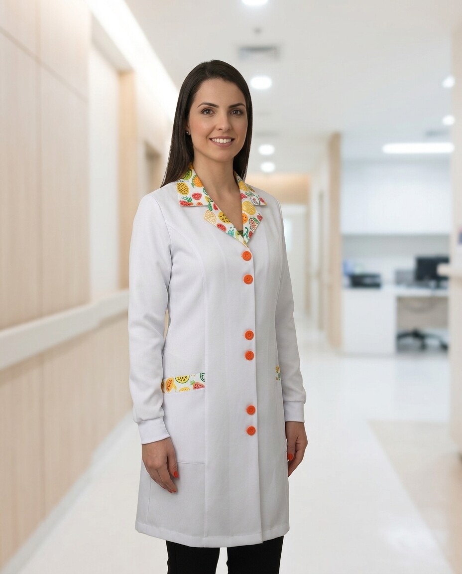 Jaleco feminino com estampa de frutas para nutricionista