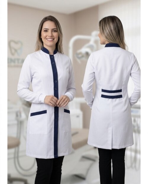 Jaleco feminino manga longa em microfibra de gabardine com detalhes colorido