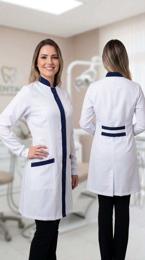 Jaleco feminino manga longa em microfibra de gabardine com detalh