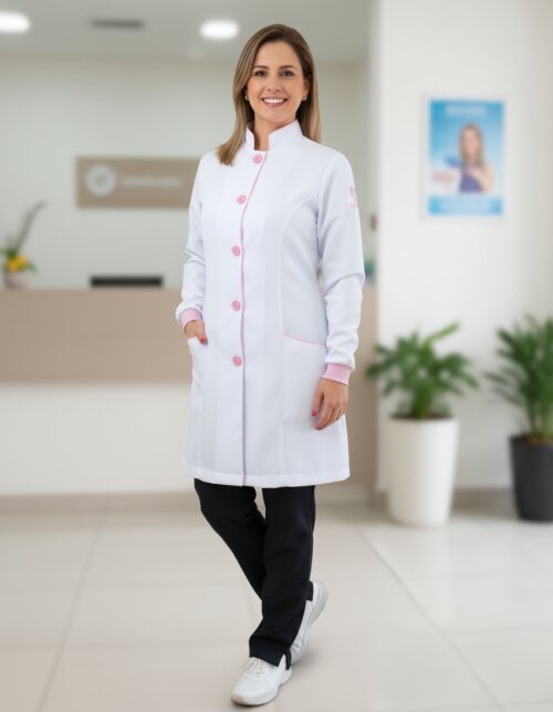 Jaleco feminino manga longa em gabardine