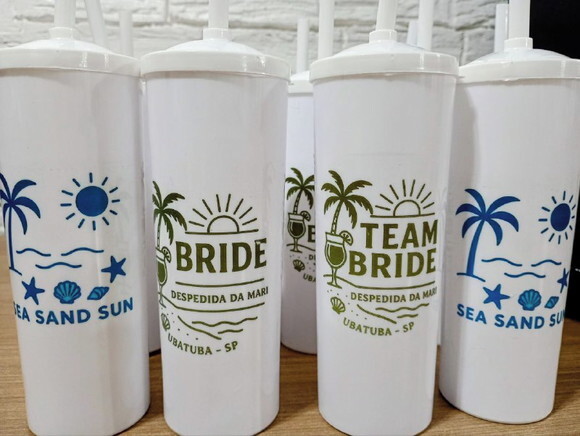 Copo Long Drink Branco com Tampa e Canudo - Brasil 13 Pçs