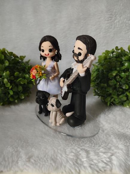 Topo de Bolo Casamento com 2 Pets e Guitarra