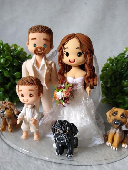Topo De Bolo Casamento Com 3 Pets E 1 Criança