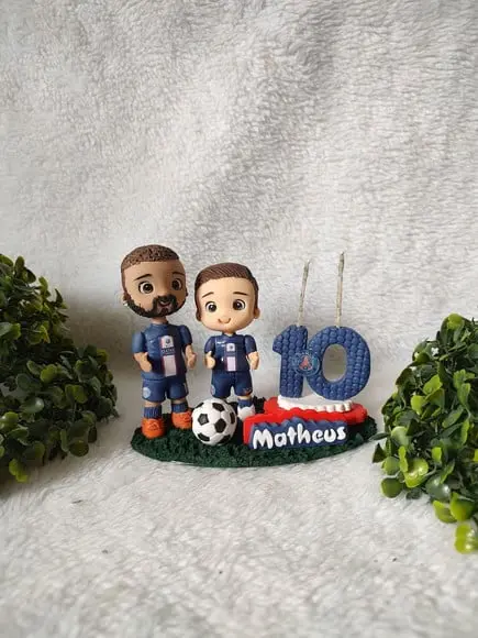 Mini Topo de Bolo Futebol 2 Bonecos Nome e Vela