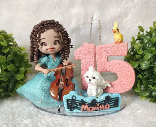 Topo de Bolo 15 Anos com Violoncelo e Pet