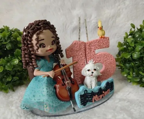 Topo de Bolo 15 Anos com Violoncelo e Pet