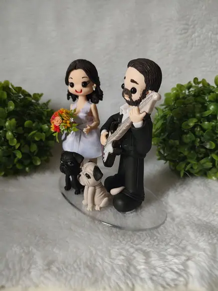 Topo de Bolo Casamento com 2 Pets e Guitarra