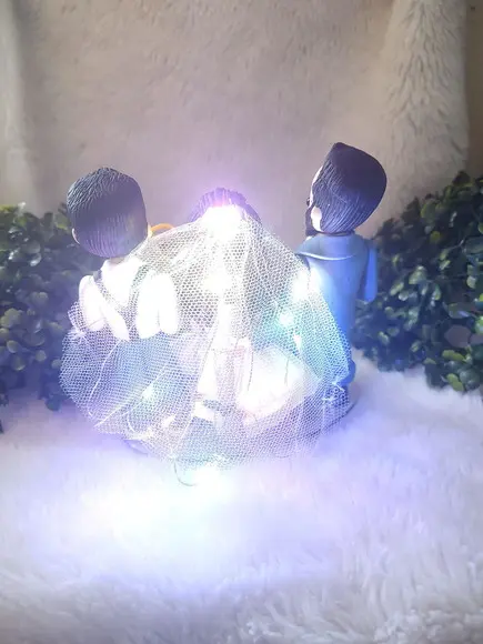 Topo de Bolo Casamento com 3 Pets ,filho e Véu da com Led