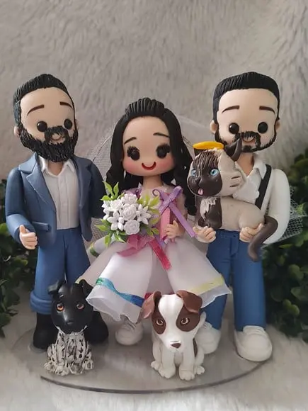 Topo de Bolo Casamento com 3 Pets ,filho e Véu da com Led